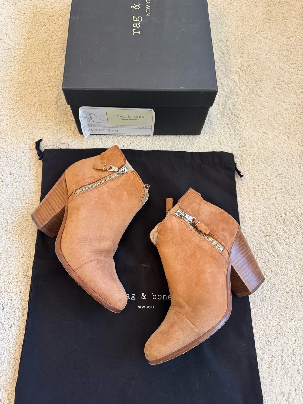 rag & bone Margot Ankle Booties Camel Nubuck Leather Block Heel Sz 37 US 7 Box